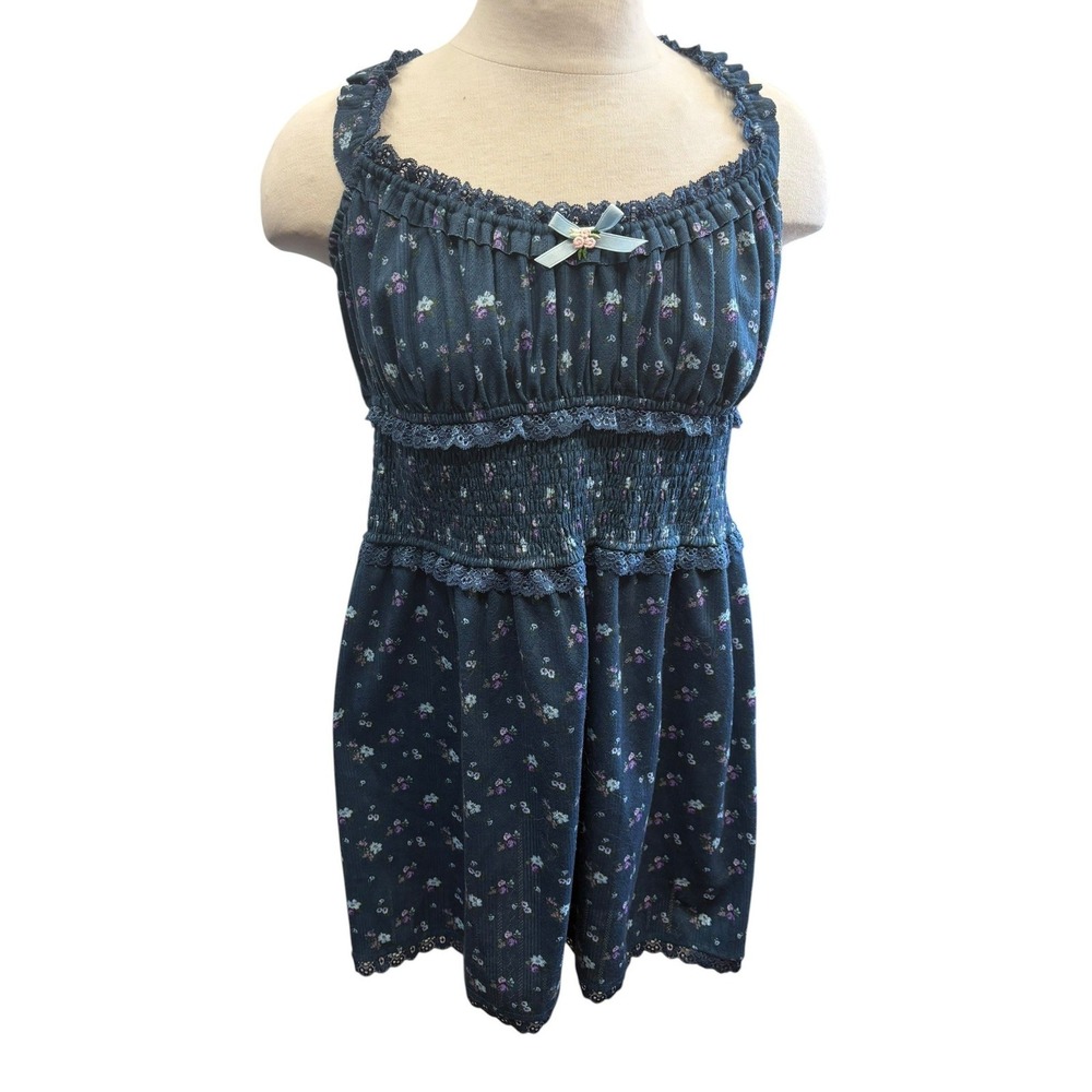 For Love and Lemons Lola Pointelle Floral Lace Mini Dress Blue Cottagecore XL